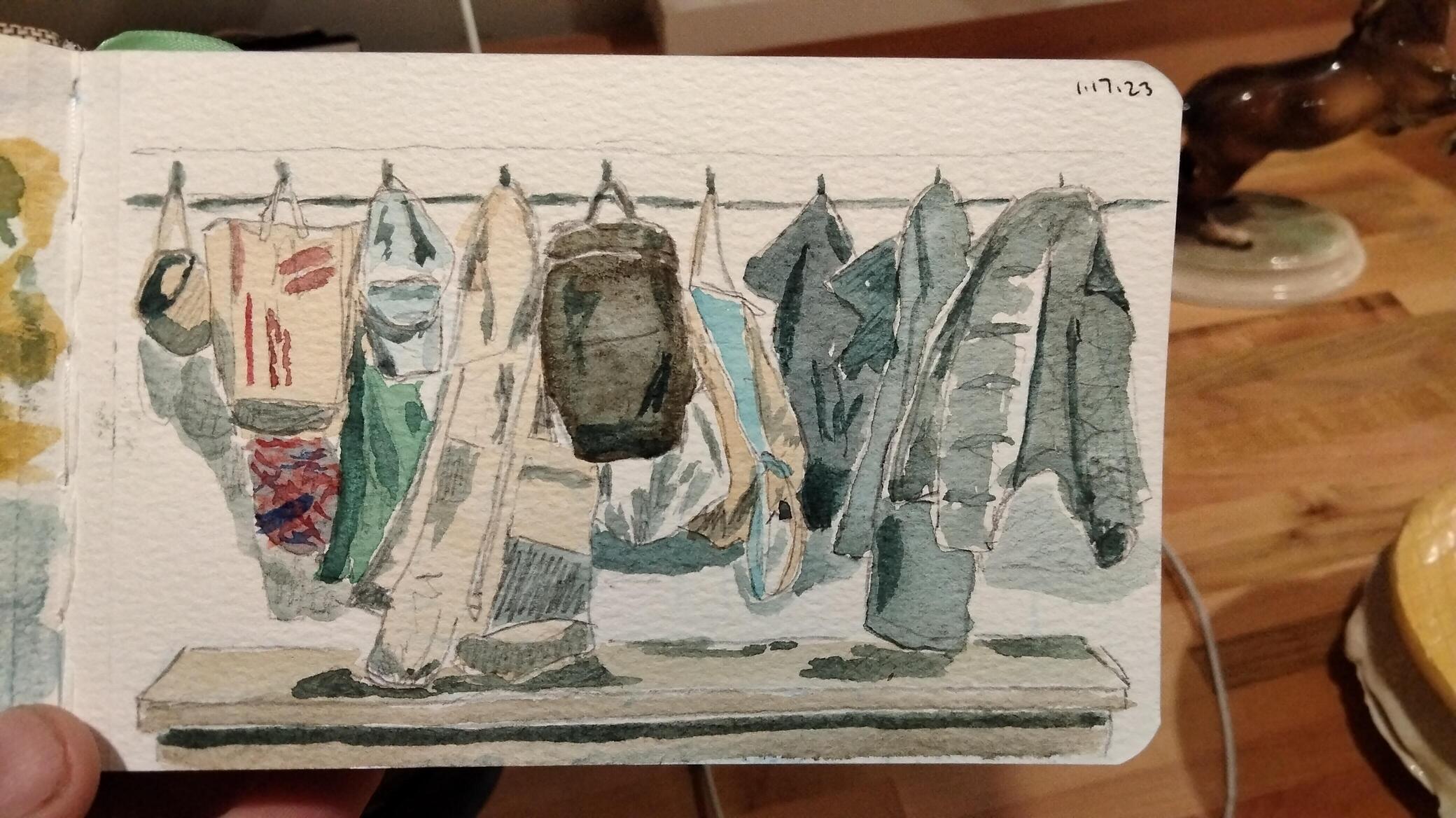 Coats and other items hanging on a rack