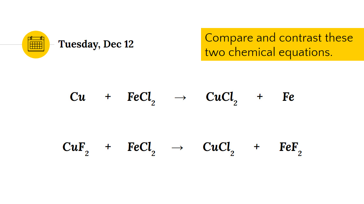 A slide with two similar chemical reactions. The first reaction shows iron swapping with a copper in a chemical change in a single replacement pattern. The second reaction has iron and copper switching in a double replacement.