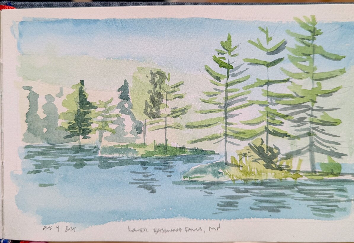 A landscape watercolor. A small island with evergreen trees is in the foreground. More trees are on a distant shore in the background.
