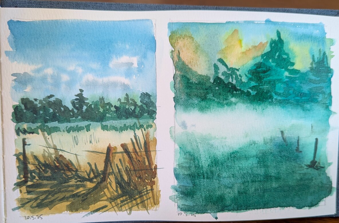 Two small landscape paintings. The painting on the left is an old horse fence with overgrown grass and pasture in the background. The scene on the right is a cold morning with fog in front of evergreen trees and an old fence.