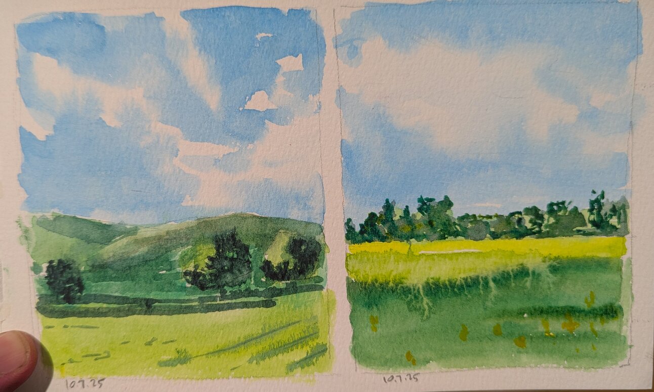 Two small landscapes. The left hand side is the same painting as the previous image, but smaller. Trees cast deep shadows in a sunny field.