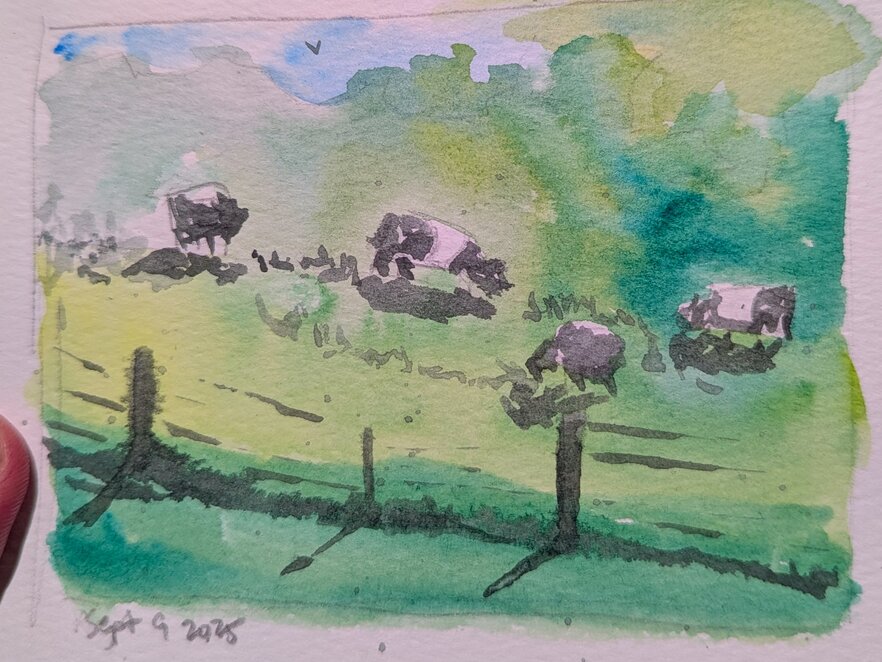 A small landscape watercolor of a pasture with cows grazing on a hill.