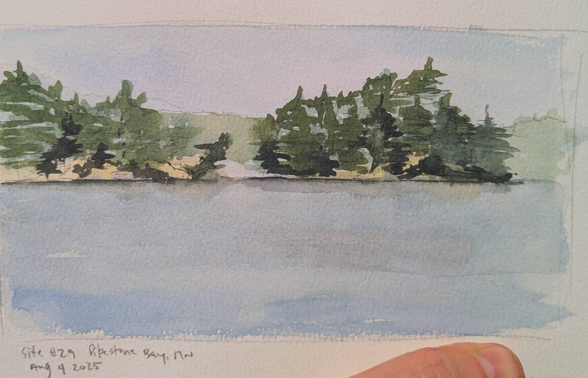 A landscape watercolor. A large lake with evergreen trees in the distance.