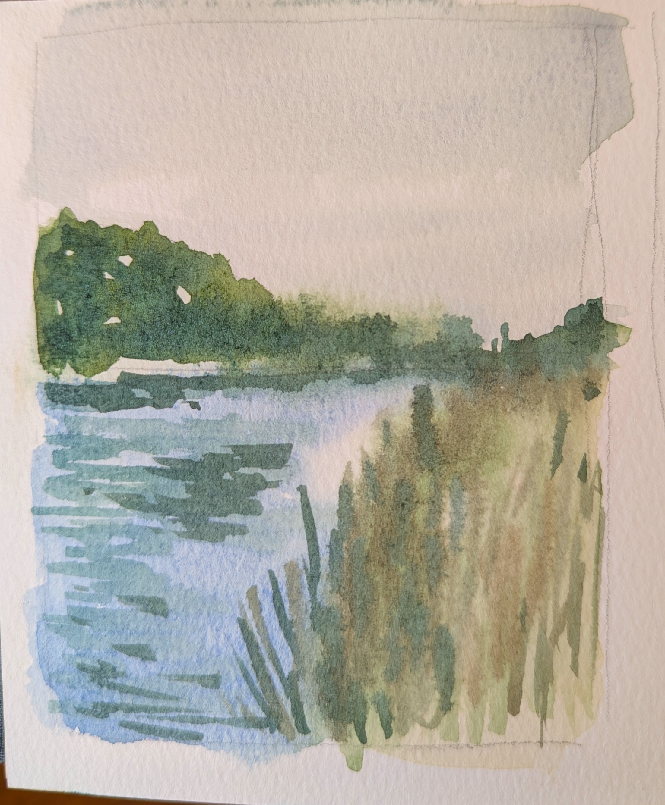 A small, loose painting of a river receding into the distance. Tall grass is hinted on the right, trees hinted on the left.