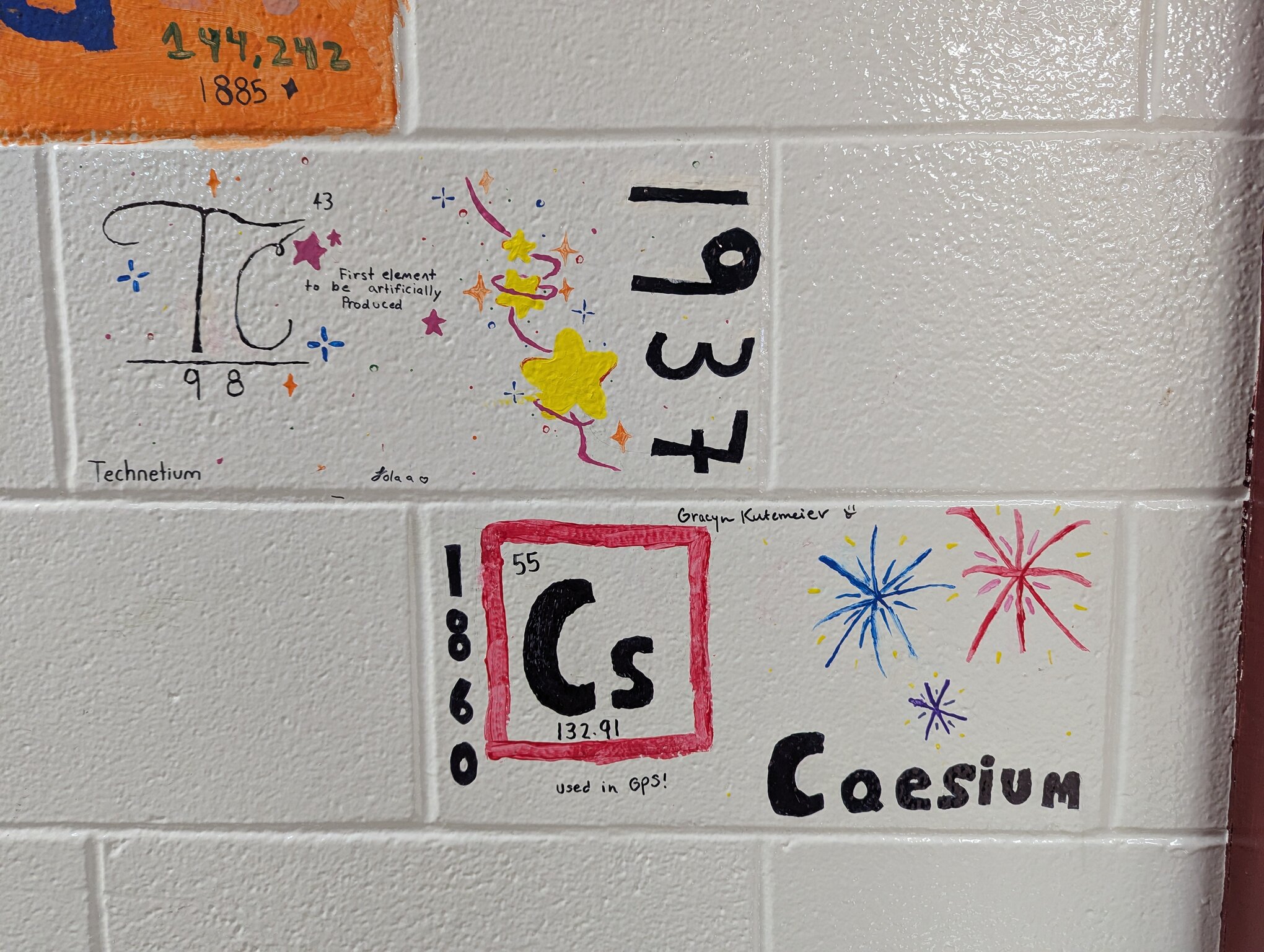 Two painted cinderblocks. Technetium is on one and says that it was the first synthetically produced atom. Caesium is on the other and features fireworks because it used to color different shells.