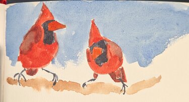 Two cardinals perched on a branch. They're loosely painted. The bird on the left is looking to its right. The bird on the right is looking at the viewer curiously.