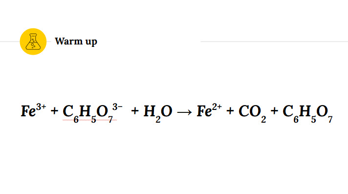 A chemical equation showing the reduction of iron citrate.