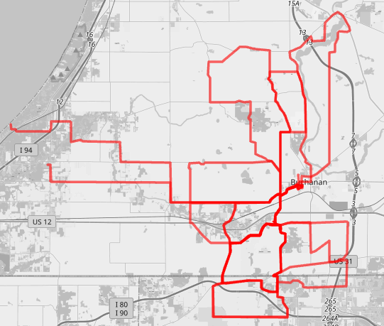 A black and white map of places I've ridden my bike in southwest Michigan.
