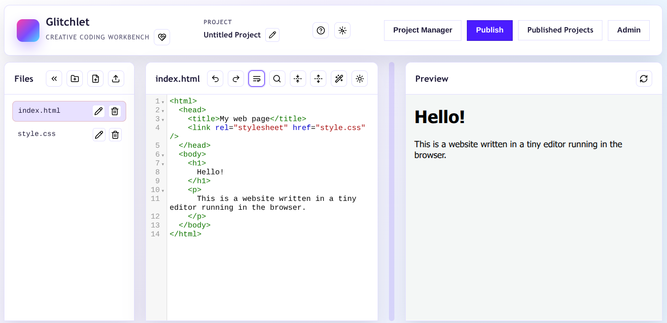 A screenshot of the Glitchlet editor. It has a nav bar at the top with several options, a file explorer, a code editor, and a live preview.