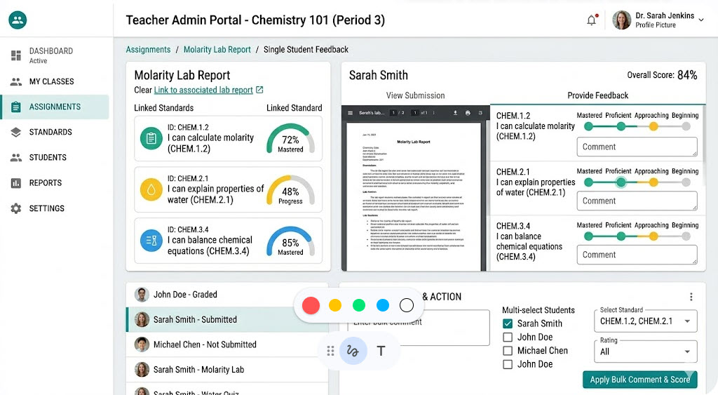 An LLM based mockup for giving feedback on a specific skill. It includes current data about the skill, a roster of student names, and a form for submitting feedback for students.