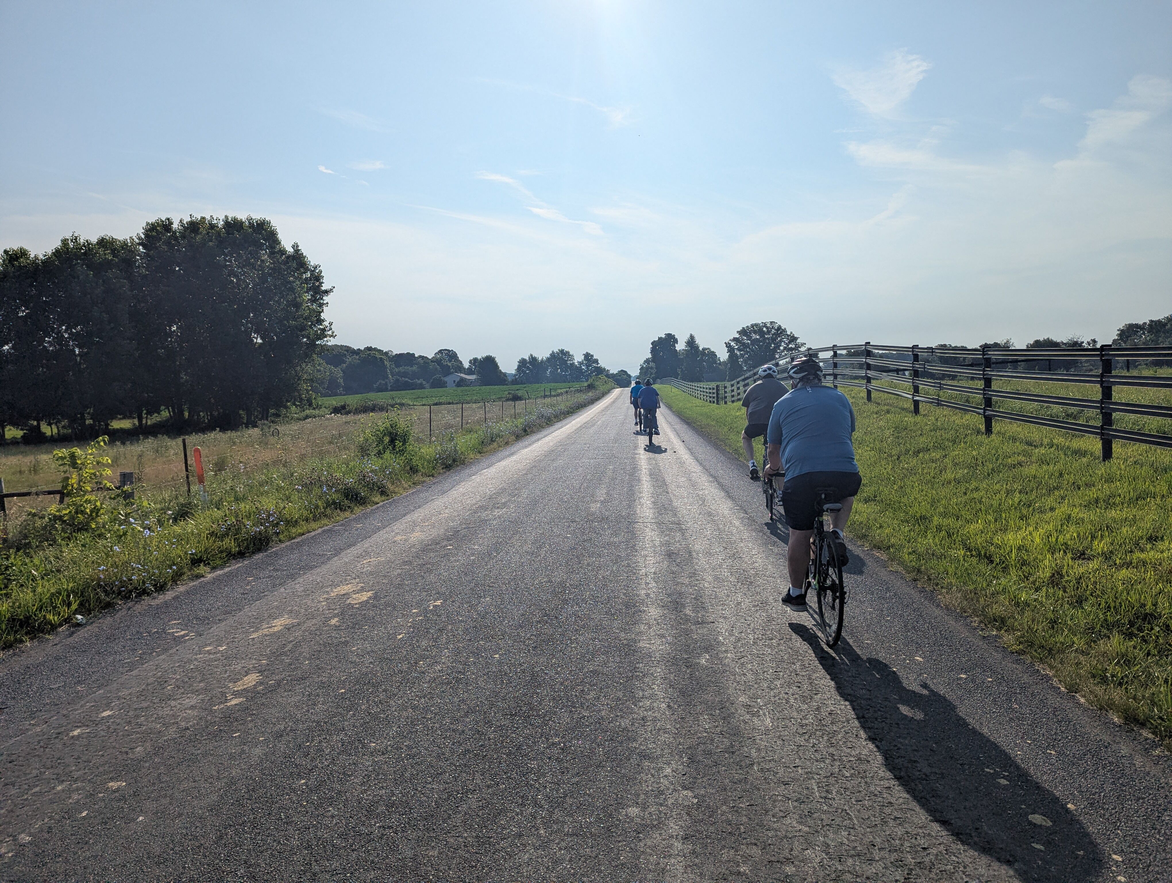A photo of several cyclists on a rural road riding toward a midmorning sunrise. There are fences lining both sides of the road with a white farm house visible in the background surrounded by trees.