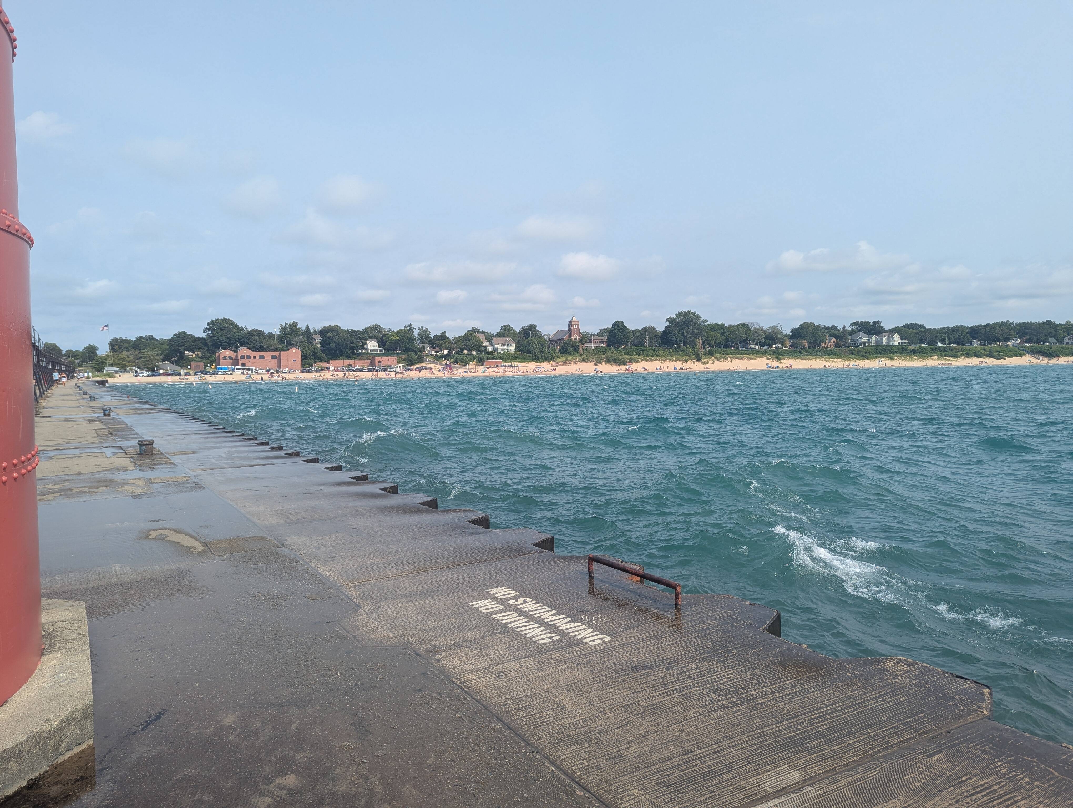 A view of the town of South Haven, looking east from the Army Corps of Engineers lighthouse causeway. It's not made for pedestrian use, but you can walk out there at your own risk. I always walk out.