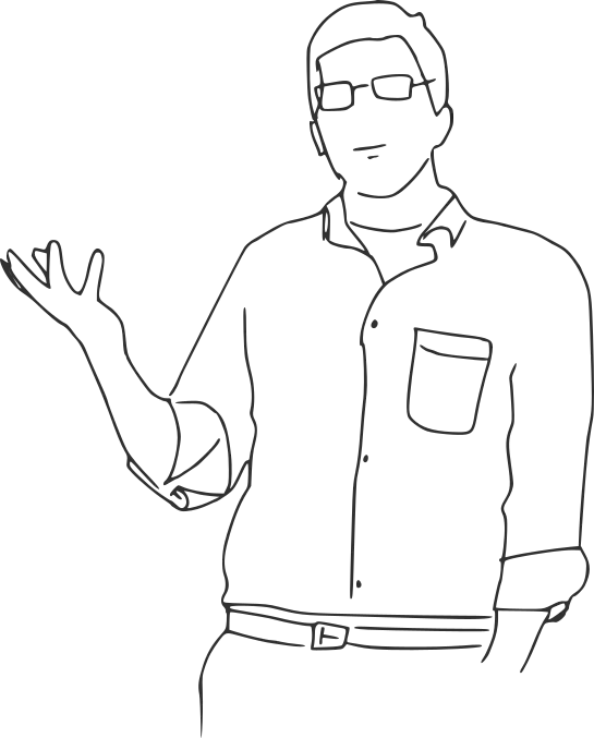A decorative line drawing of a man teaching.